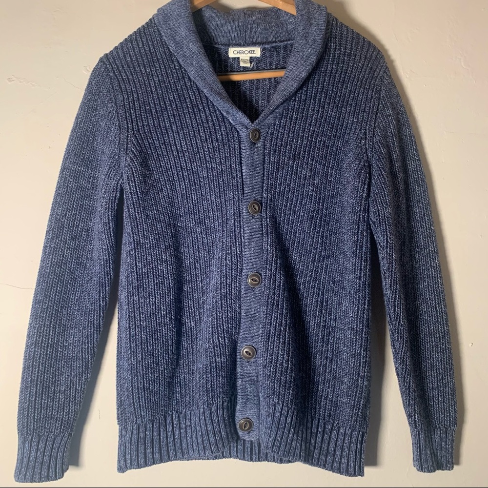 Blue Cherokee cotton knitted grandpa cardigan sweater brown button sz XL youth